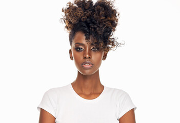 Portrait of attractive black woman isolated on white background