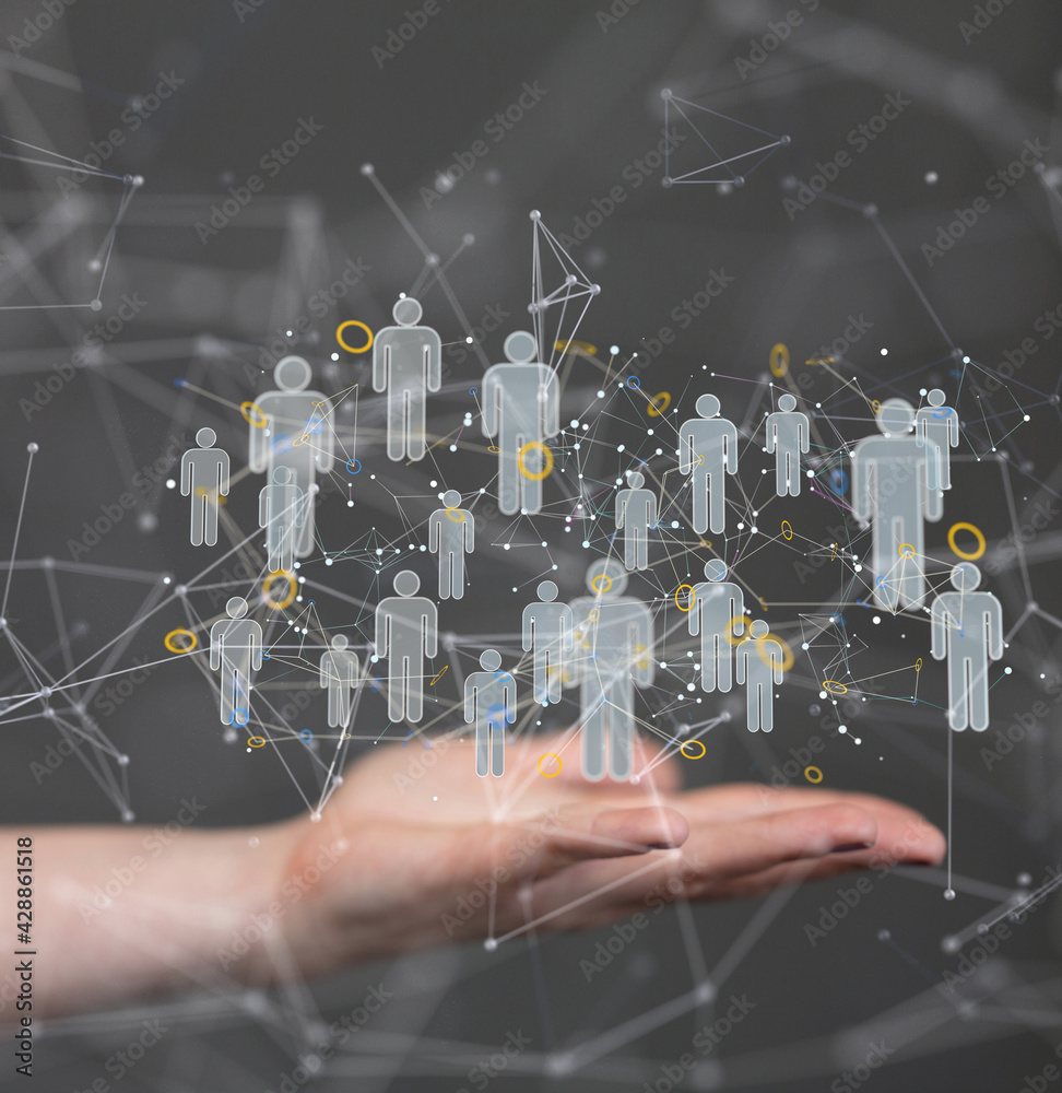 Poster Global network. Blockchain. 3D illustration. Neural networks and artificial intelligence. Abstract