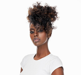 Portrait of young black woman with afro isolated on white background - 428861547