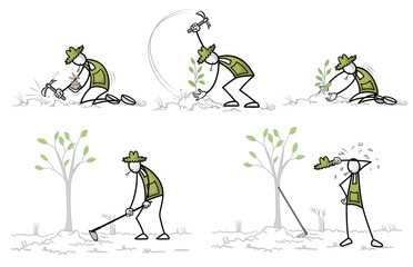 Set of farmer at outdoor activities in different poses. Print vector illustration