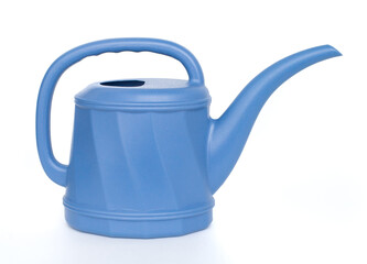 Blue watering can on white.