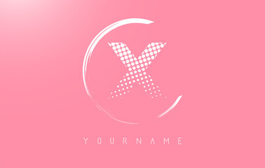 White X letter logo design with white dots and white circle frame on pink background.