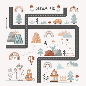 Dream Big, Little One - cute kids poster, playing rug or tapestry in Scandinavian style. Road, Mountains and Woods Adventure Map. Nursery Monochrome Print, vector illustration