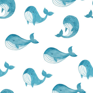 Watercolor cute hand drawn seamless pattern with whales on white background. Watercolor texture in childish style great for fabric and textile, wallpapers, backgrounds. Underwater.