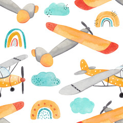 Watercolor cute hand-drawn seamless children simple pattern with aircraft, rainbows, clouds and drops on a white background. Kids seamless pattern with planes. Funny airplanes. Trendy background.