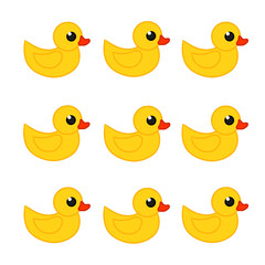 Pattern of yellow rubber ducks on a white background. Illustration can be used for decoration of gift bags postcards background posters banners. Vector illustration.
