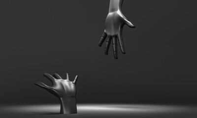 Fototapeta premium Open dark hand palm - 3d render illustration. Sculptural composition. Empty space, base for product promotion. Luxury Black dark background