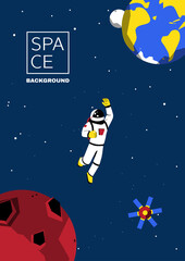 Fototapeta premium Space background with copy space. Astronomy Template Design with planet Earth and satellites, falling stars. Floating astronaut in outer space. Cartoon vector illustration. Astronomy wall art.