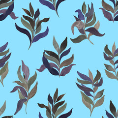 watercolor twigs with leaves of different colors on a colored  background vector seamless pattern