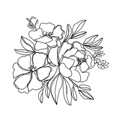 peony flower buds branch with leaves and small flowers isolated vector background