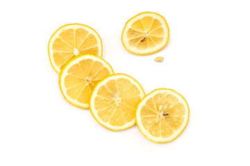 Bright ripe sliced lemon isolated on white background.