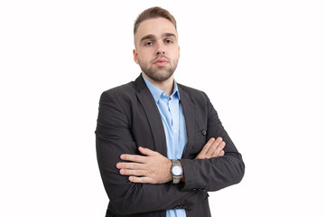 Portrait of a young guy with a jacket and blue shirt on a white background