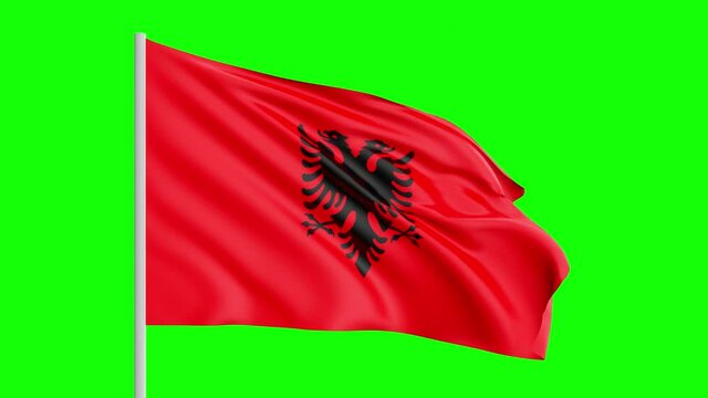 National Flag Of Albania Waving In The Wind on Green Screen With Alpha Matte
