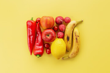 Healthy and organic food flay lay concept on yellow background