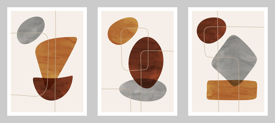 Fototapeta premium Trendy contemporary set of abstract art, creative minimalist hand painted watercolor compositions for wall decoration, postcard or brochure cover design in vintage style art. EPS10 vector. 