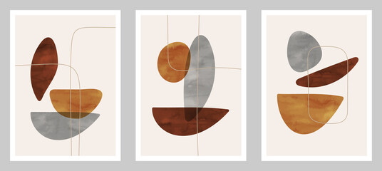 Fototapeta na wymiar Trendy contemporary set of abstract art, creative minimalist hand painted watercolor compositions for wall decoration, postcard or brochure cover design in vintage style art. EPS10 vector. 