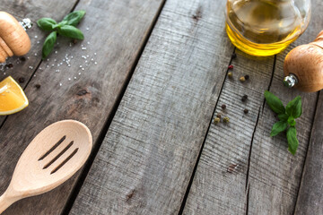 Different seasonings, cooking homemade sauce, mayonnnasie on wooden background