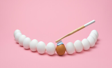 Brushing teeth concept. Oral hygiene using wooden toothbrush