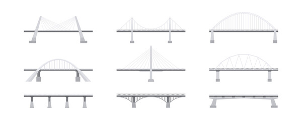 Set of road bridges. Collection of different types of bridges. Architectural connecting structures symbols. Vector illustration isolated on white background in flat style