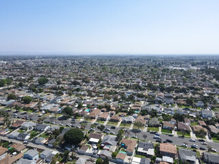 Aerial view of Lakewood middle class neighborhood, city in Los Angeles County, California, United States.