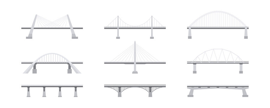 Fototapeta Set of road bridges. Collection of different types of bridges. Architectural connecting structures symbols. Vector illustration isolated on white background in flat style