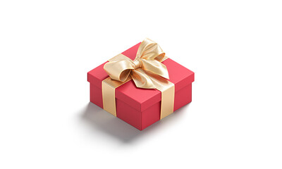 Obraz premium Blank red gift box with gold ribbon bow mockup, isolated