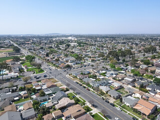 Aerial view of Lakewood middle class neighborhood, city in Los Angeles County, California, United States.