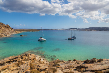 View of the rocky coast at Monasteri Beach. Paros Island, Greece.