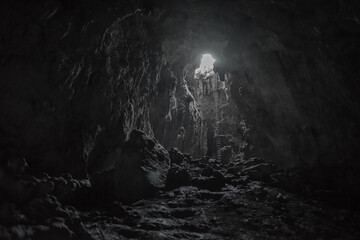 a black and white image from within a cave