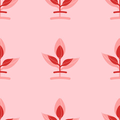 Seamless pattern of large isolated red sprout symbols. The elements are evenly spaced. Vector illustration on light red background