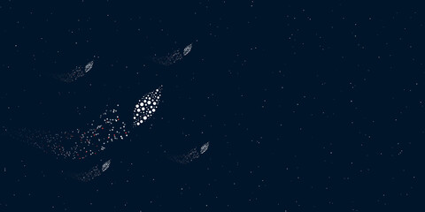 Obraz na płótnie Canvas A leaflet symbol filled with dots flies through the stars leaving a trail behind. Four small symbols around. Empty space for text on the right. Vector illustration on dark blue background with stars