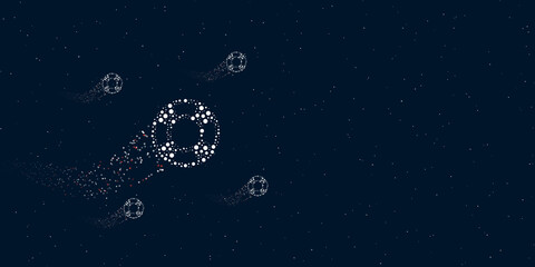 A lifebuoy symbol filled with dots flies through the stars leaving a trail behind. Four small symbols around. Empty space for text on the right. Vector illustration on dark blue background with stars