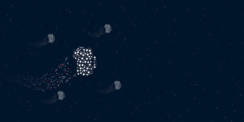 Fototapeta na wymiar A mug beer symbol filled with dots flies through the stars leaving a trail behind. Four small symbols around. Empty space for text on the right. Vector illustration on dark blue background with stars