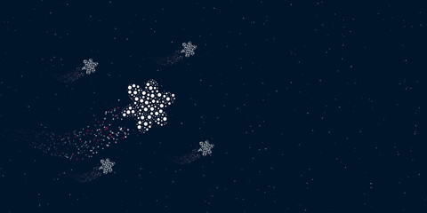 Fototapeta na wymiar A narcissus flower filled with dots flies through the stars leaving a trail behind. Four small symbols around. Empty space for text on the right. Vector illustration on dark blue background with stars