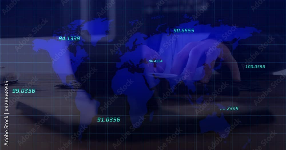 Sticker Multiple numbers floating over world map against person typing on keyboard