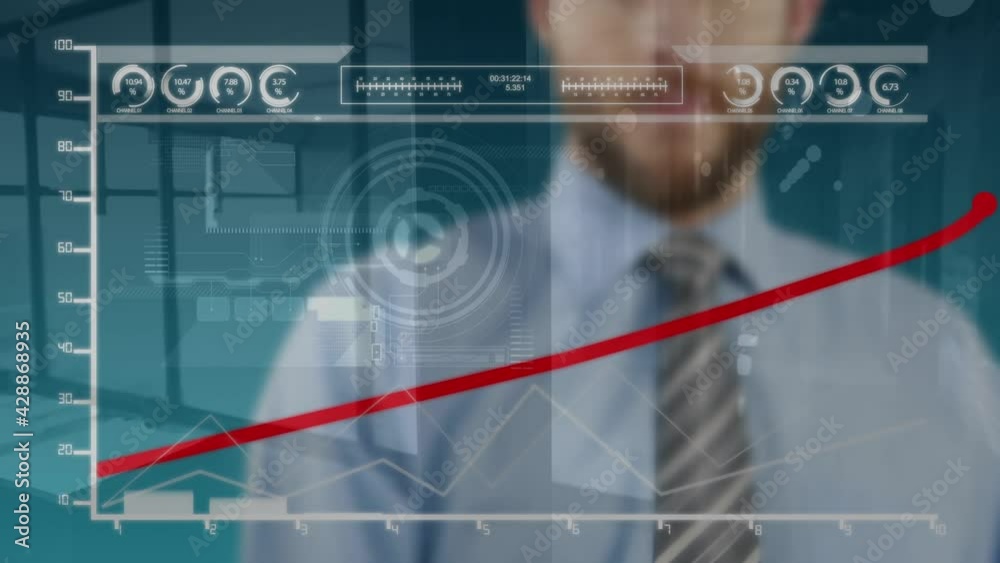 Poster digital interface with data processing over businessman drawing with marker on futuristic screen