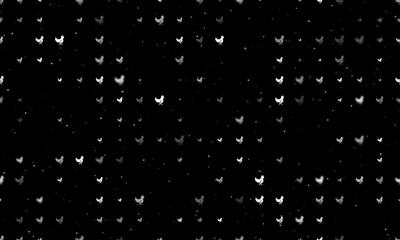 Seamless background pattern of evenly spaced white chicken symbols of different sizes and opacity. Vector illustration on black background with stars