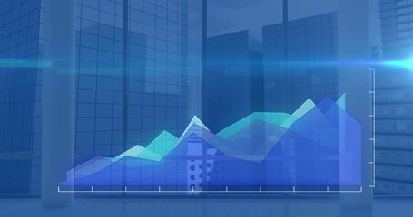Spot of light and statistical data processing against tall buildings in background