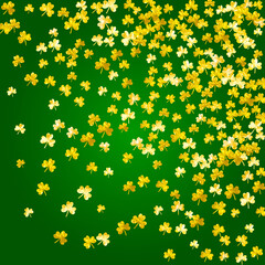 Saint patricks day background with shamrock. Lucky trefoil confetti. Glitter frame of clover leaves. Template for voucher, special business ad, banner. Dublin saint patricks day backdrop.