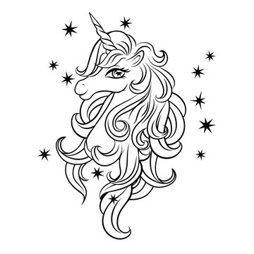 recommend clip art: Head of a cute magical unicorn with stars. Black outline of a unicorn head, coloring book.