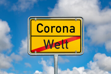 Town exit sign - Corona out of the world | 5020