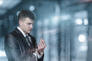 Businessman looks at the program algorithm and reflects on a blurred background