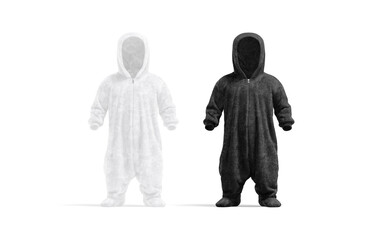 Blank black and white kid plush jumpsuit with hood mockup,