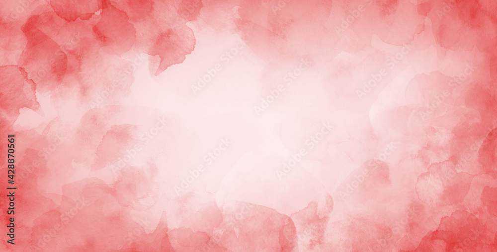 Wall mural red watercolor background with abstract border design, painted red and pink blotches and blobs in ab