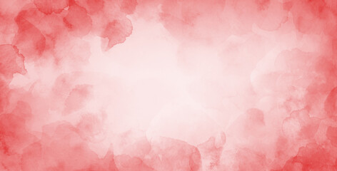 Red watercolor background with abstract border design, painted red and pink blotches and blobs in abstract cloudy and foggy white center illustration