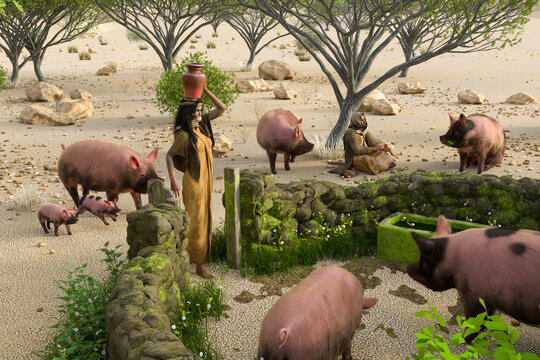 Jesus parables about the Prodigal Son, who was to tend pigs from famine. 3d illustration, 3d rendering.