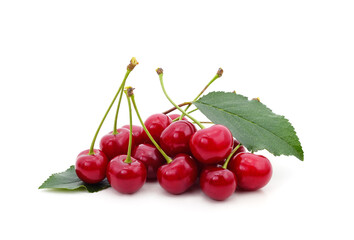 Red ripe cherries with leaves.
