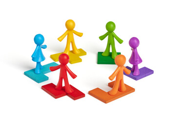 . Human figures depict concepts: the hierarchical system of the organization of the company, the...