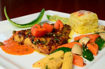 grilled salmon steak with vegetables
