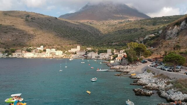 Iconic aerial view over the picturesque famous Limeni village in Mani area Laconia, Greece